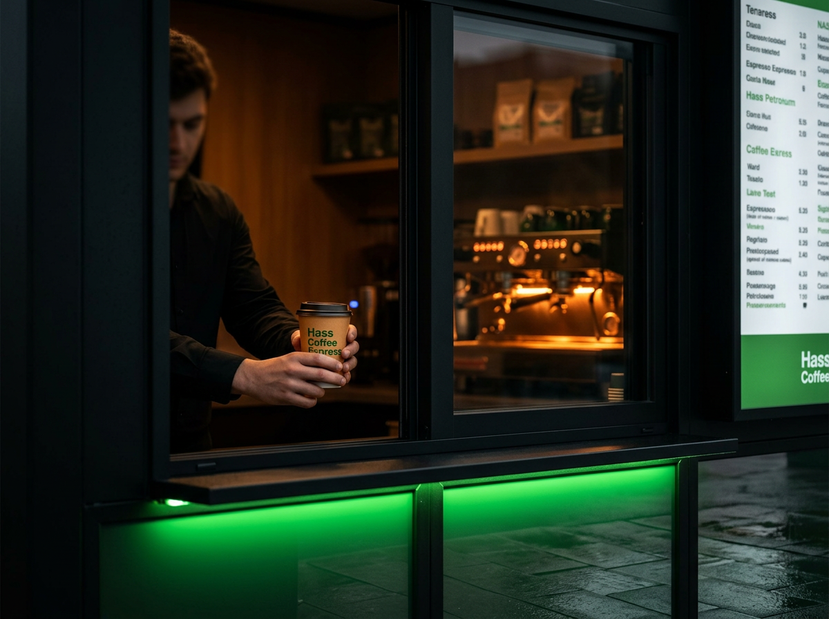 Close-up of barista handing a Hass Coffee Express cup through the service window