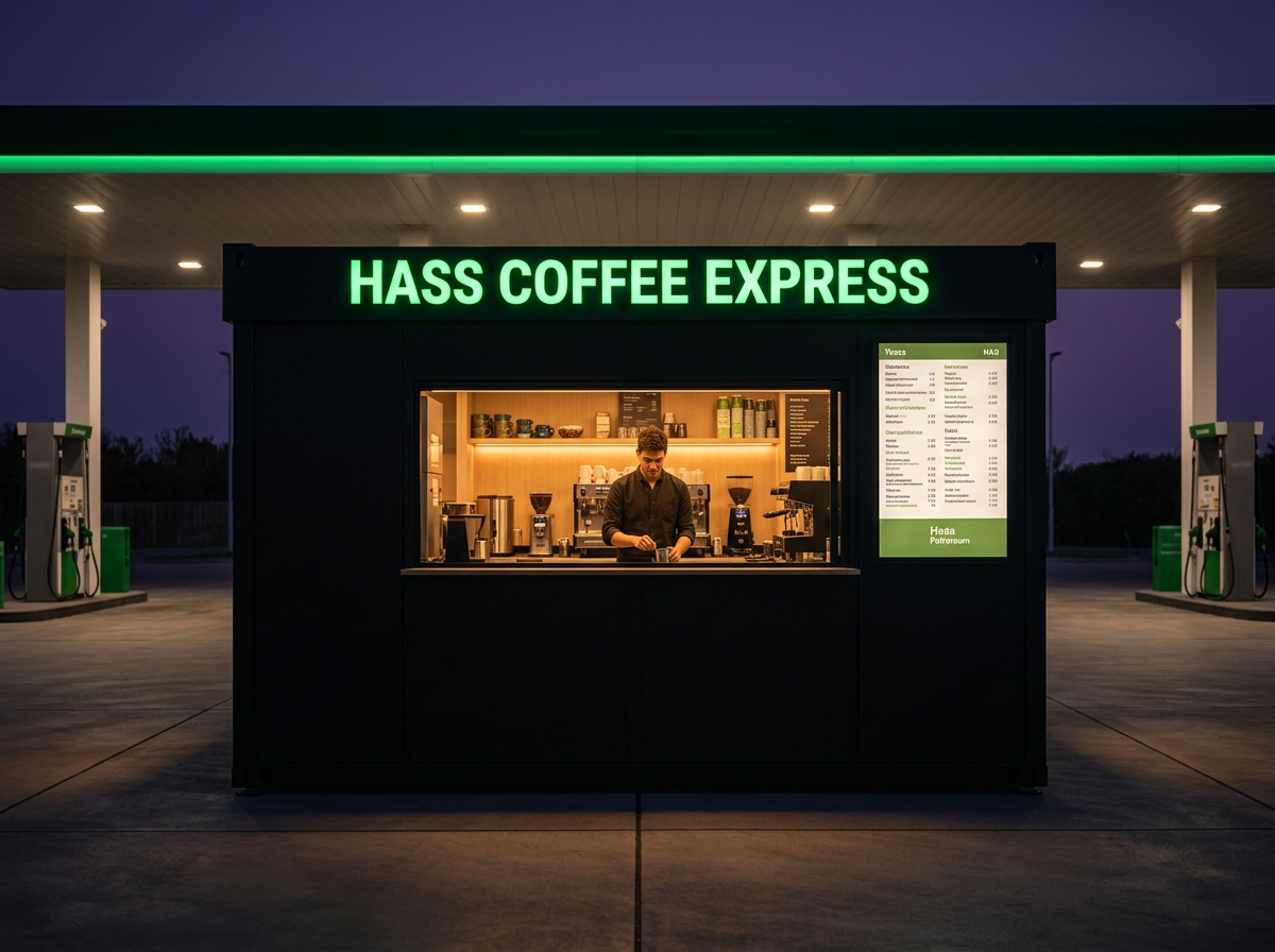 Front view of the Hass Coffee Express kiosk with green LED signage
