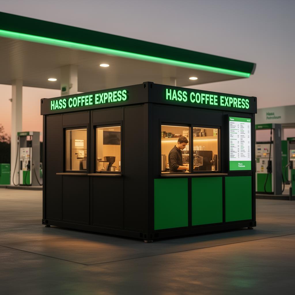 Hass Coffee Express kiosk on Hass Petroleum forecourt at dusk