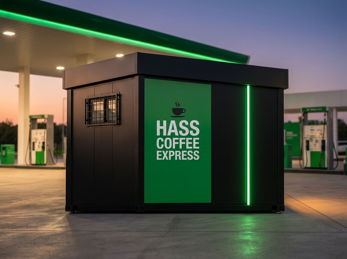 Side profile of the modular Hass Coffee Express kiosk