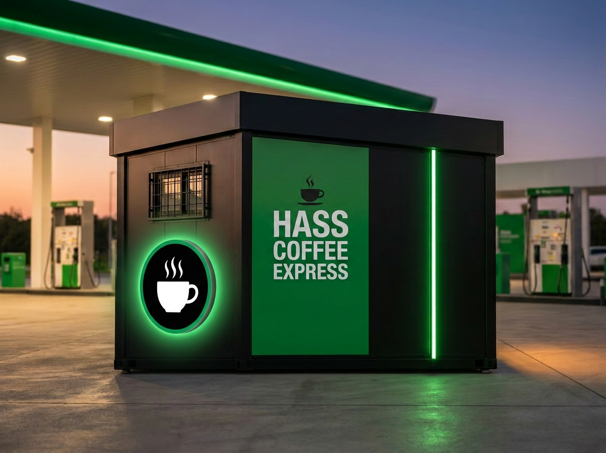 Side profile of the modular Hass Coffee Express kiosk
