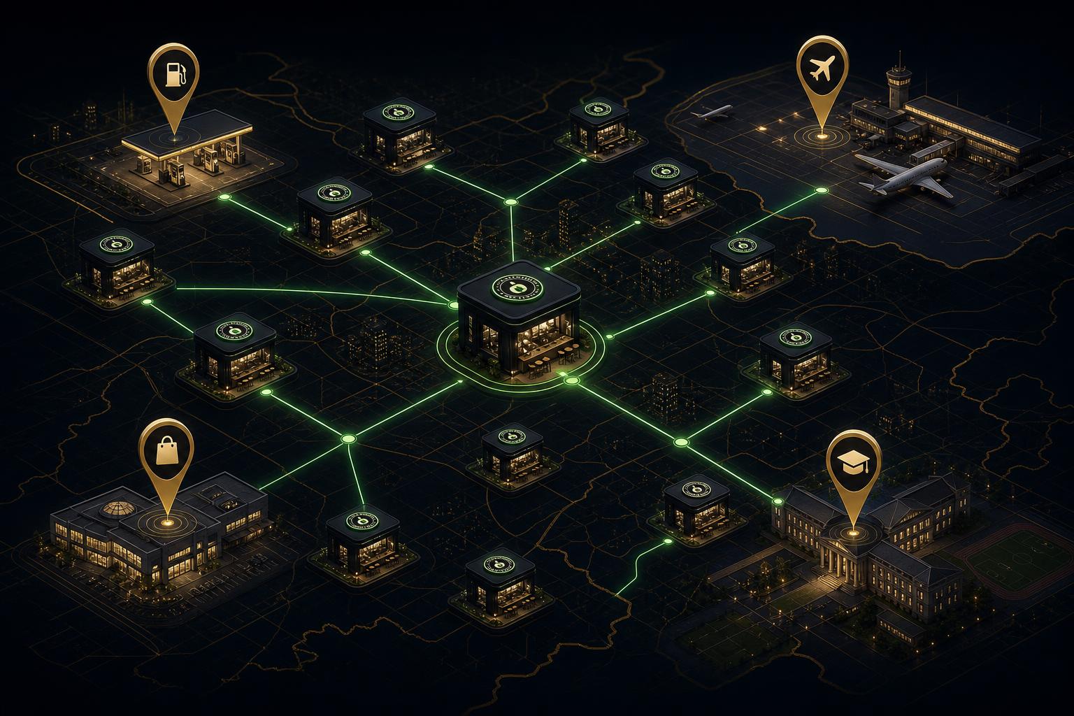 Hass Coffee Express franchise network scaling diagram across cities and countries